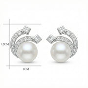 Pearl and Princess-Cut Wave Studs – pearl earrings, front view