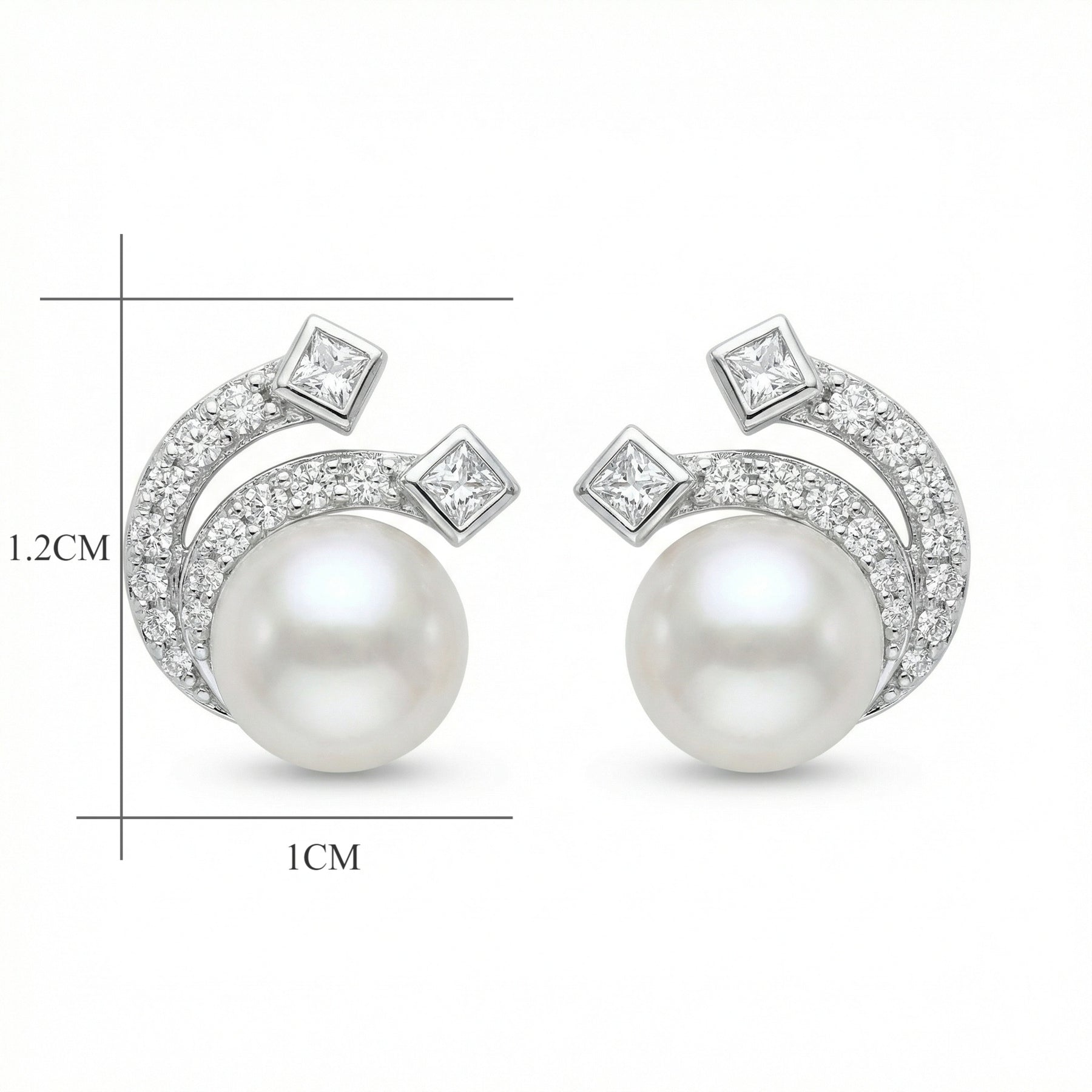 Pearl and Princess-Cut Wave Studs – pearl earrings, front view