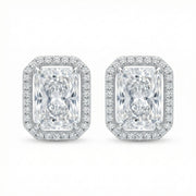Radiant-Cut Rectangular Halo Studs – sterling silver earrings, front view