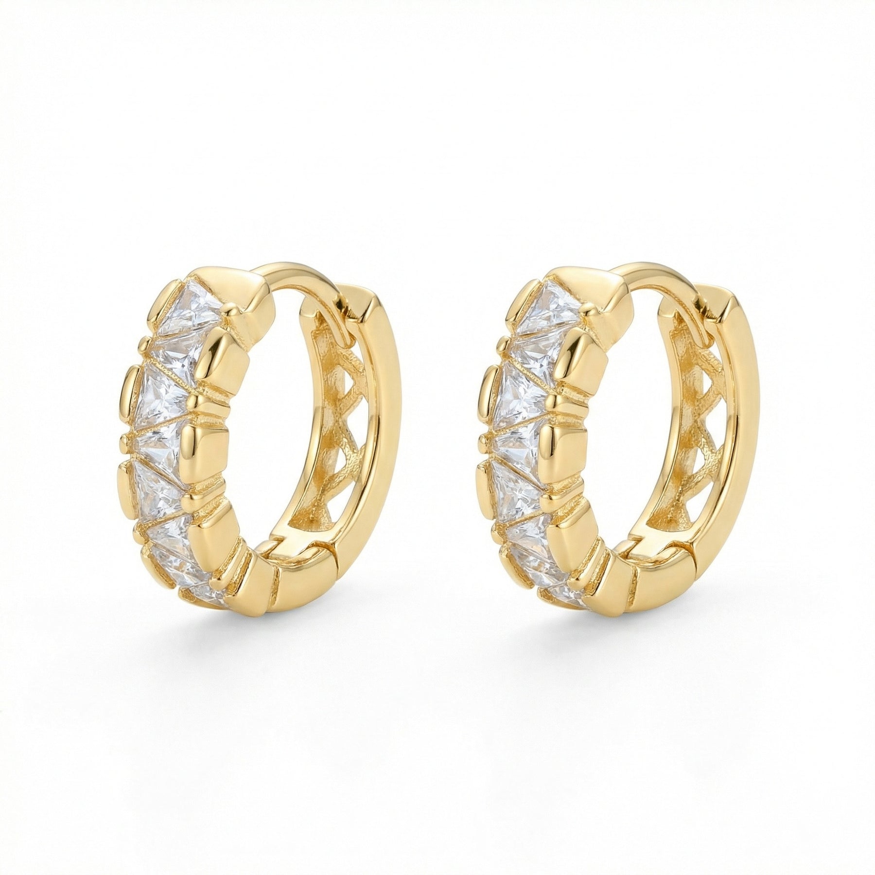 Trillion-Cut CZ Huggie Hoop Earrings – zircon earrings, front view