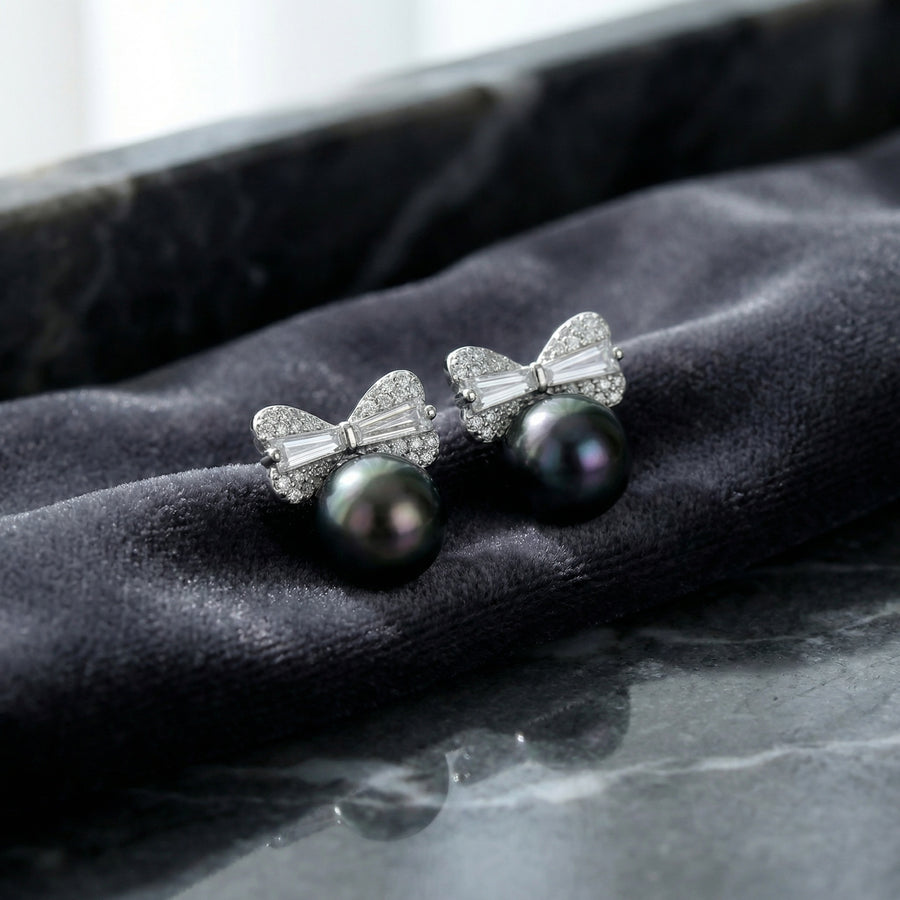 Tahitian Pearl Bow Stud Earrings – pearl earrings, close-up