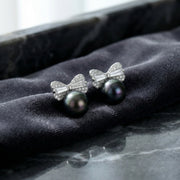 Tahitian Pearl Bow Stud Earrings – pearl earrings, close-up