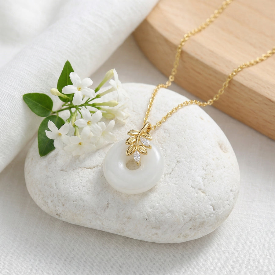 White Jade Circle Leaf Branch Necklace – jade necklace, close-up