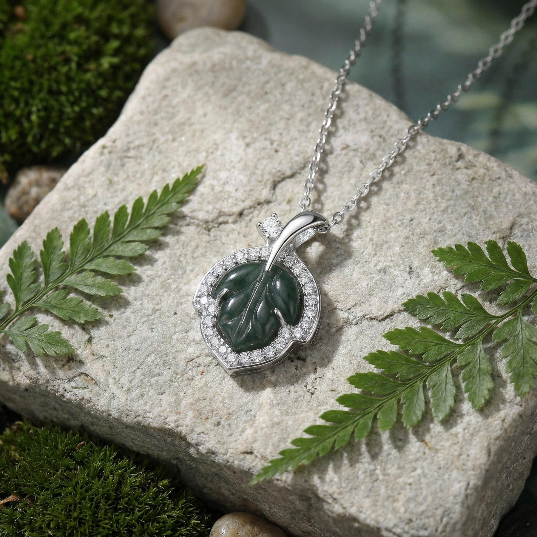 Green Jade Leaf Pendant Necklace – jade necklace, side detail