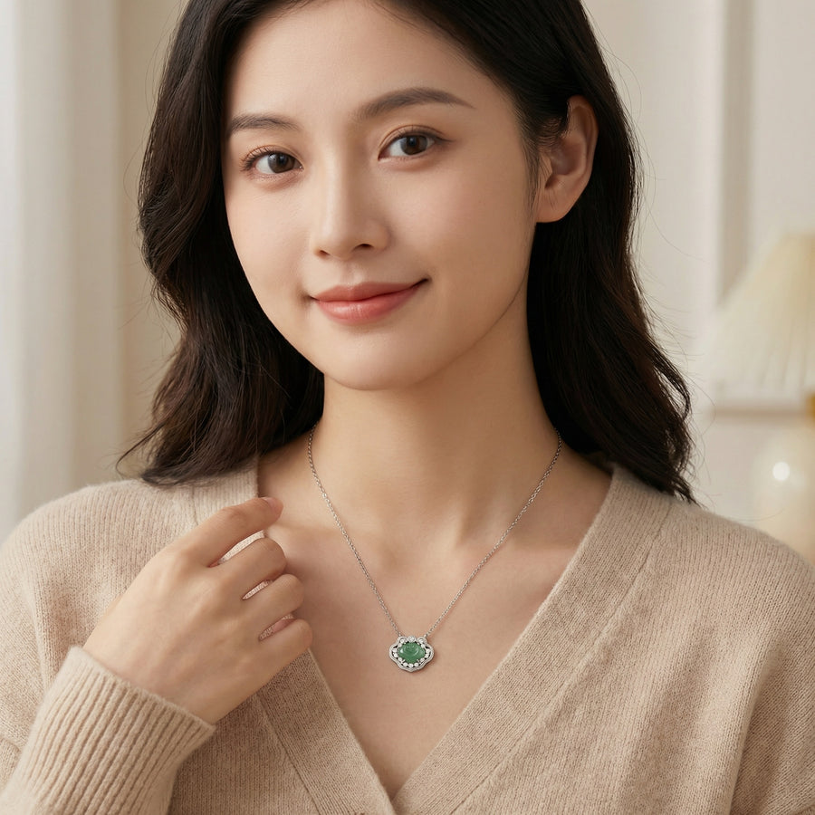 Green Jade Cloud Ruyi Necklace – jade necklace, side detail