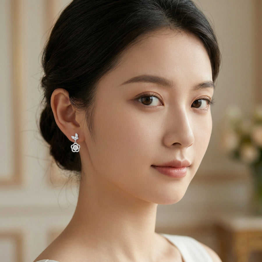 Butterfly and Flower Drop Earrings – sterling silver earrings, front view