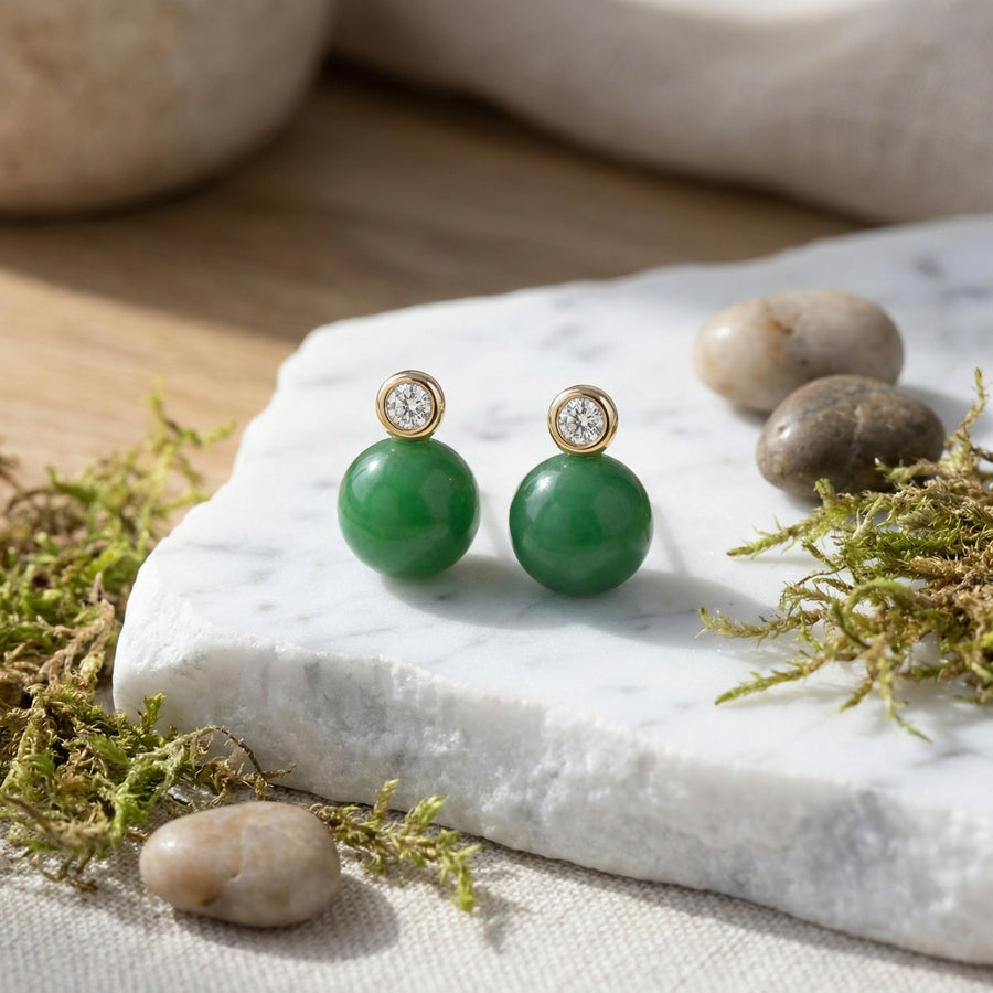 Green Jade Sphere Sparkling stone Accent Studs – jade earrings