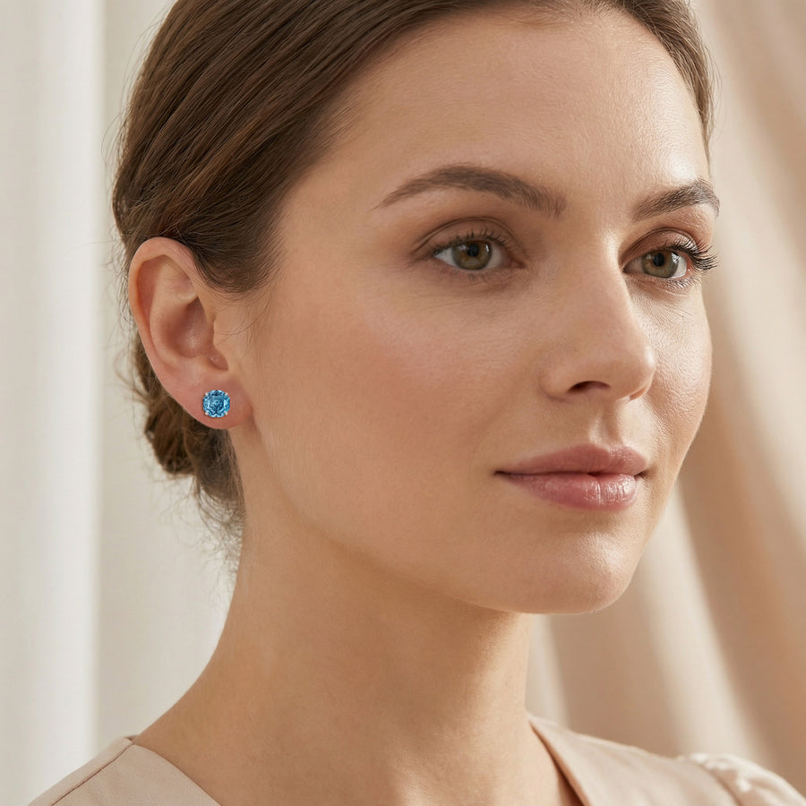 Light Blue Step-Cut Gemstone Studs – sterling silver earrings, side detail