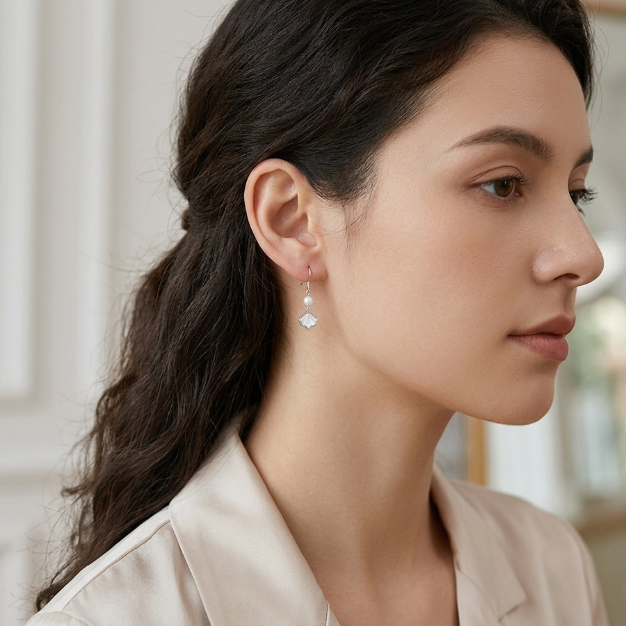 Pearl Drop Earrings with Shell Pendants – pearl earrings, front view