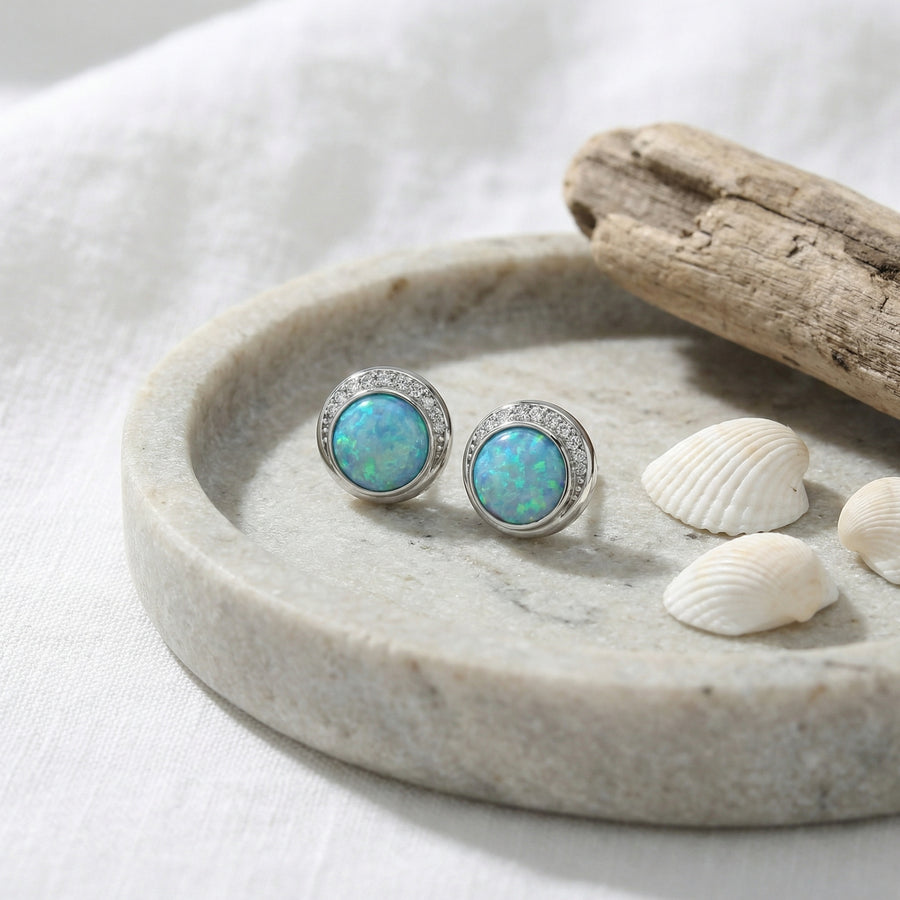 Blue-Green Opal Crescent Halo Studs – opal earrings, front view