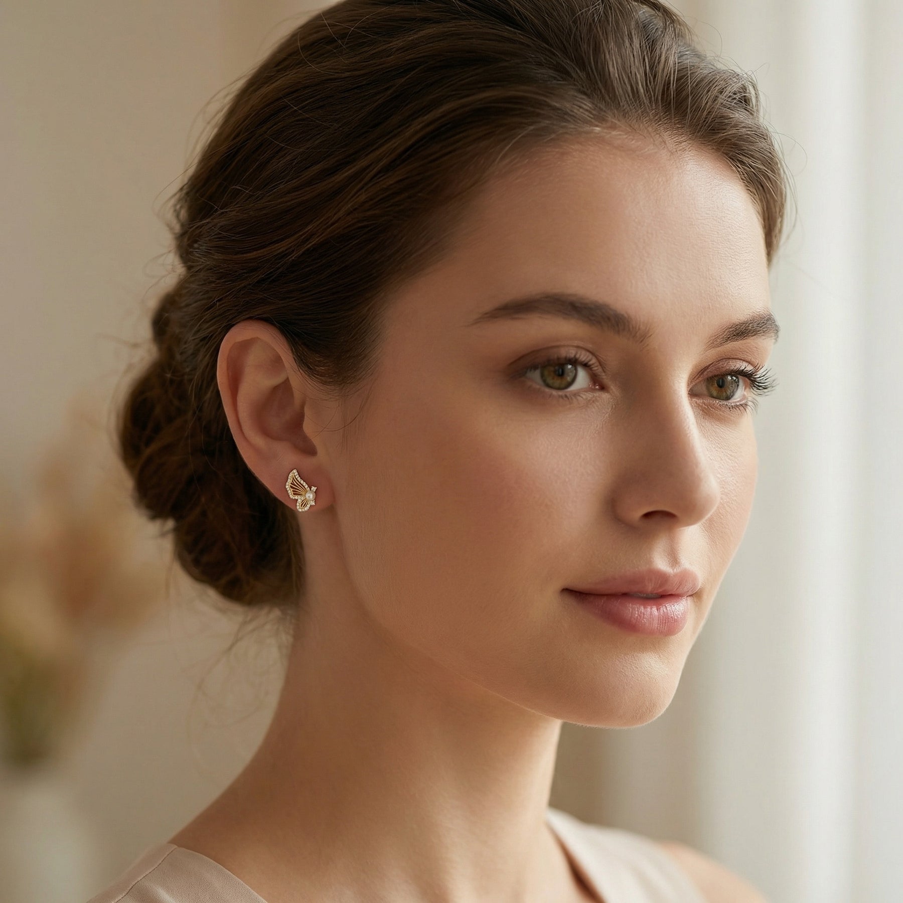 Butterfly Wing Studs with Pearls – pearl earrings, side detail