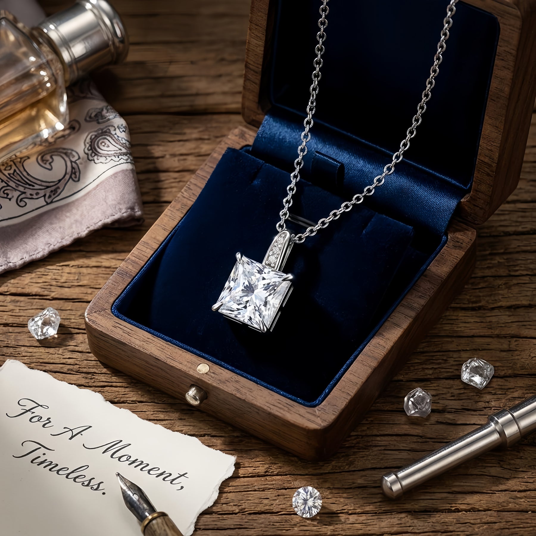 Square-Cut Pendant Necklace – sterling silver necklace, front view