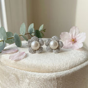 Floral Pearl Studs, Baguette Accents – pearl earrings, side detail
