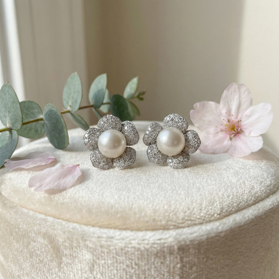 Floral Pearl Studs, Baguette Accents – pearl earrings, side detail