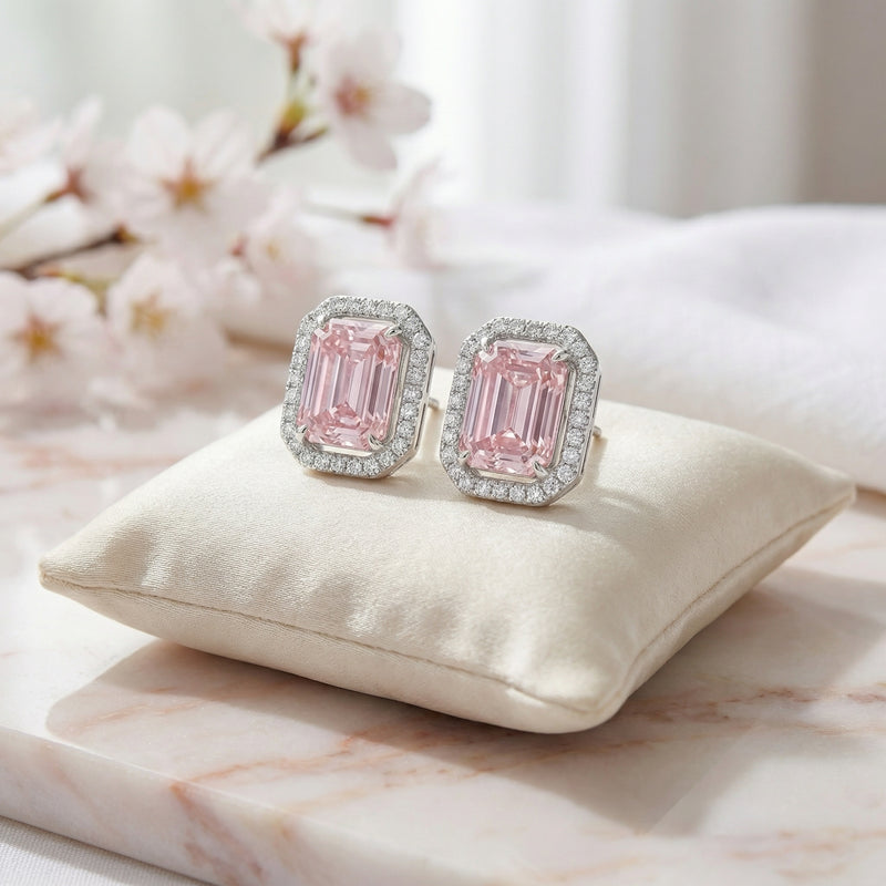 Radiant-Cut Halo Stud Earrings – sterling silver earrings, side detail