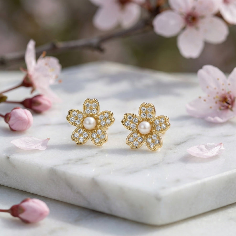 Pearl Cherry Blossom Stud Earrings – pearl earrings, close-up