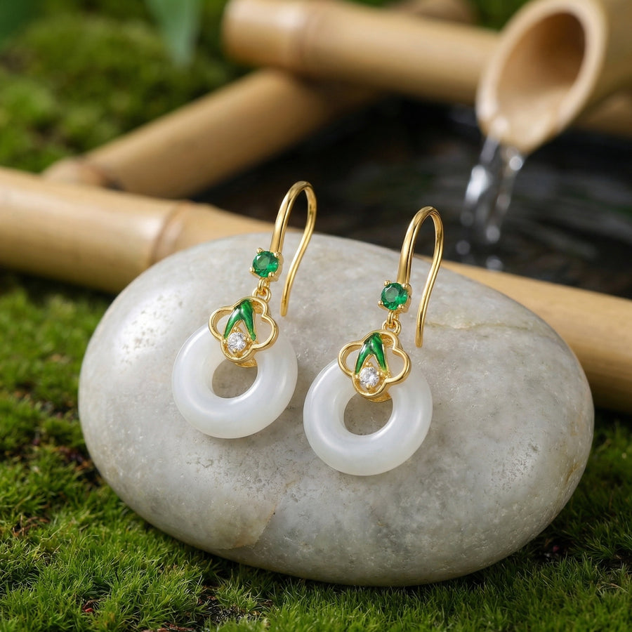 White Chalcedony Donut Drop Earrings – sterling silver earrings, close-up