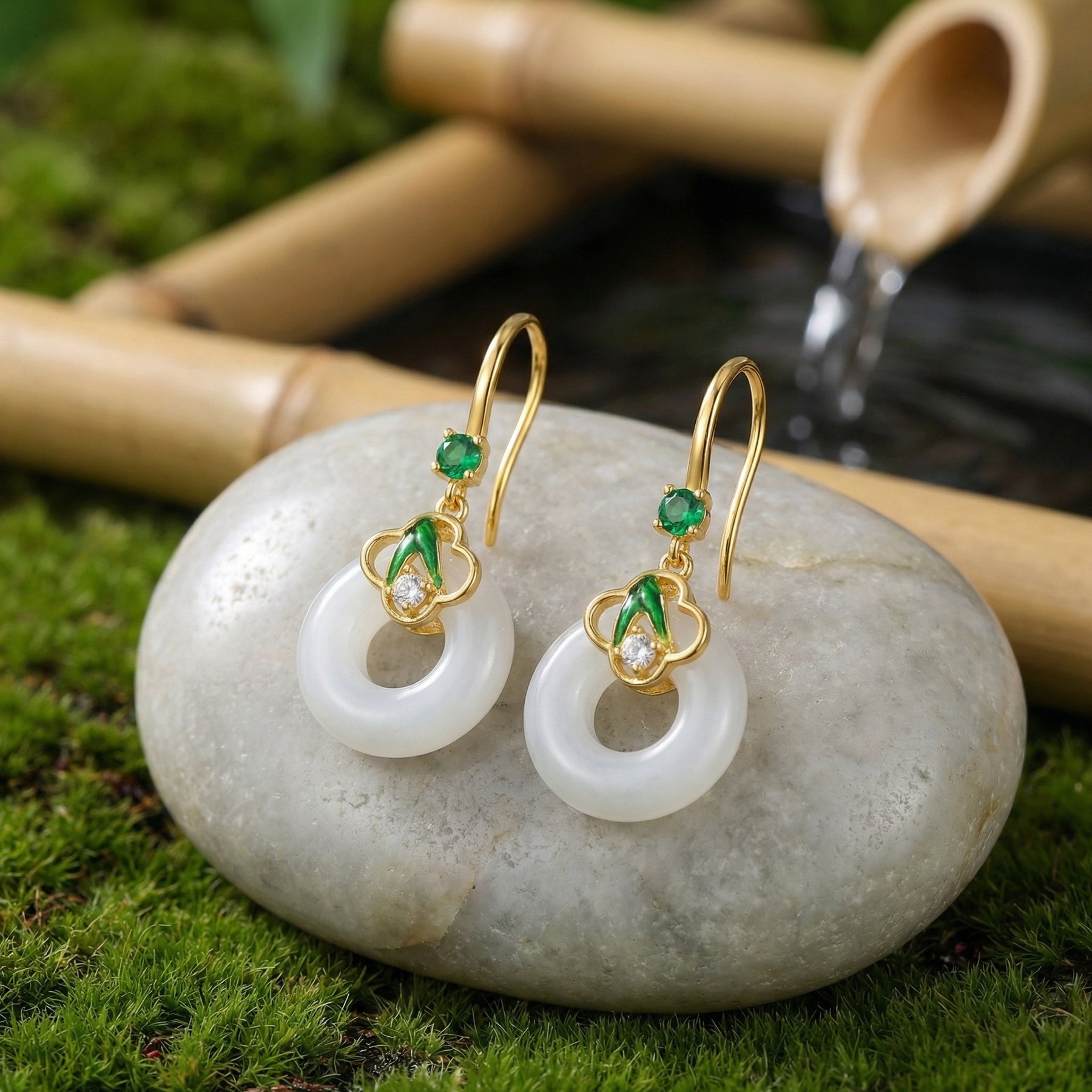 White Chalcedony Donut Drop Earrings – sterling silver earrings, close-up