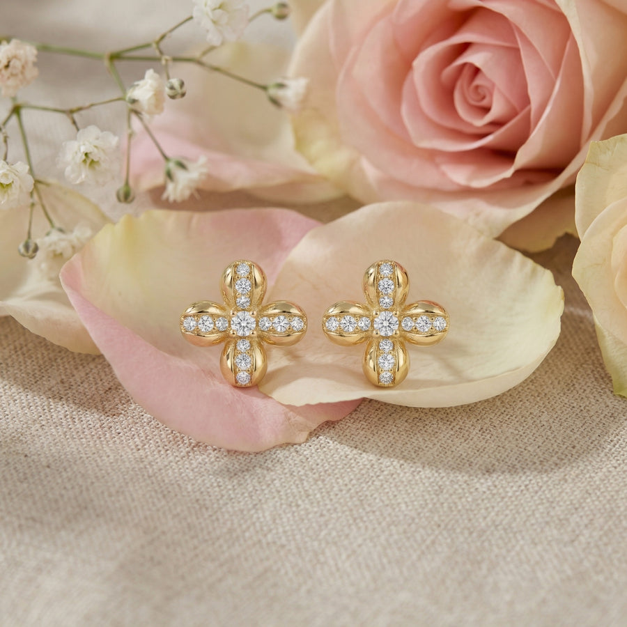Four-Petal Floral Sparkling stone Studs – sterling silver earrings, front view