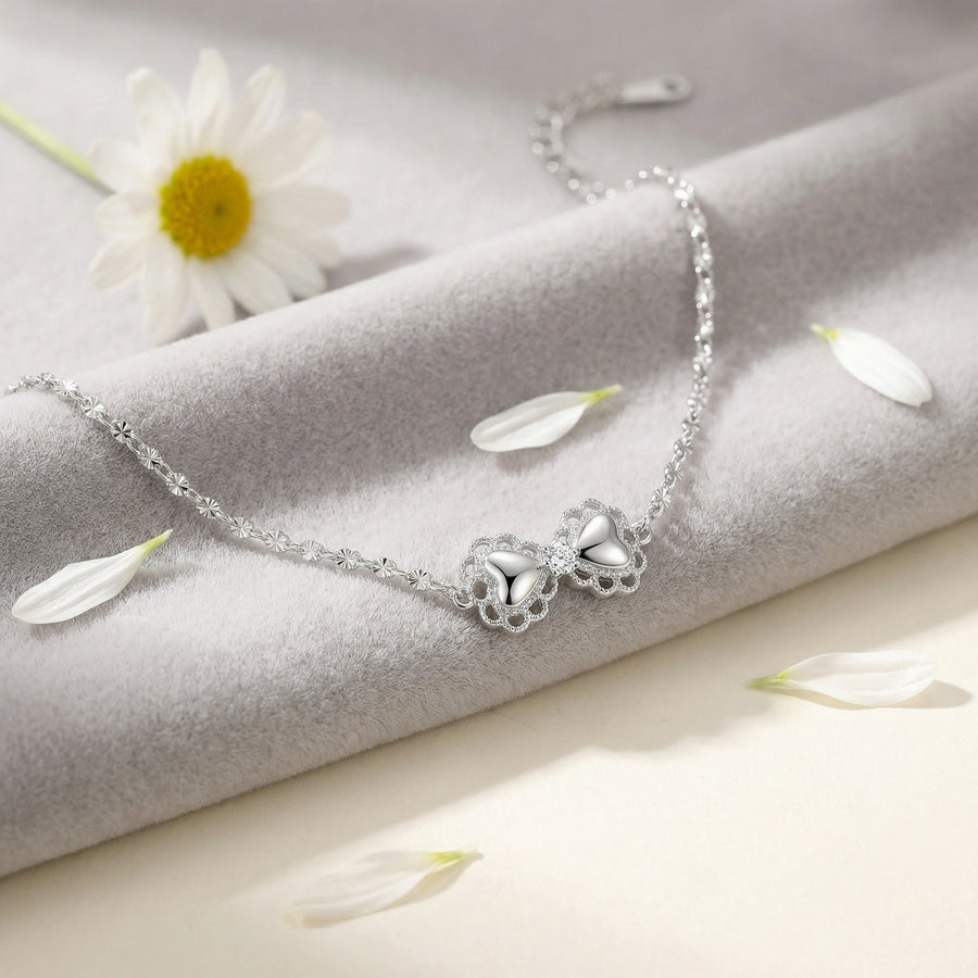 Heart Bowknot Charm Bracelet – sterling silver bracelet, front view