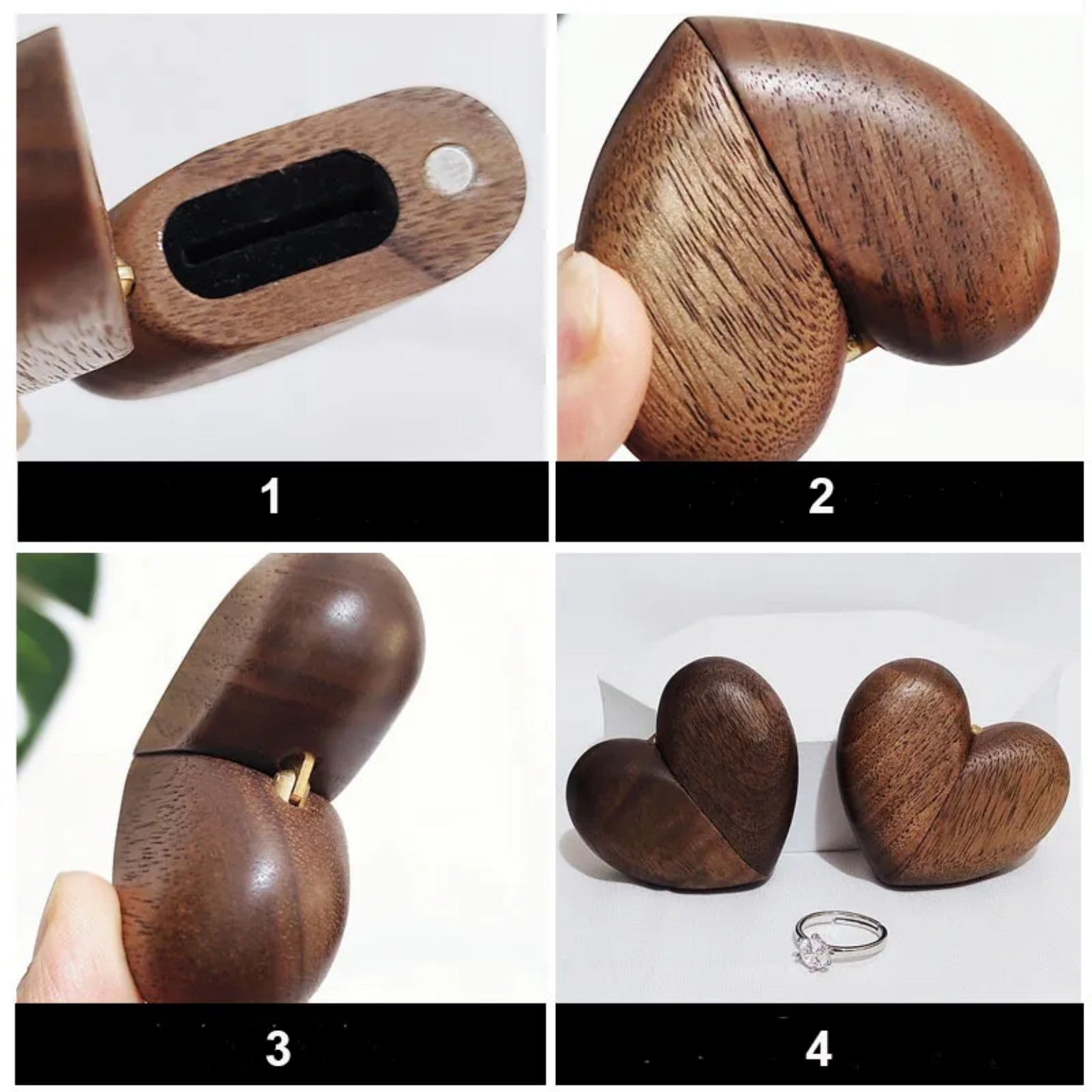 Paket 067 masif ceviz kalp yüzük kutusu detayları